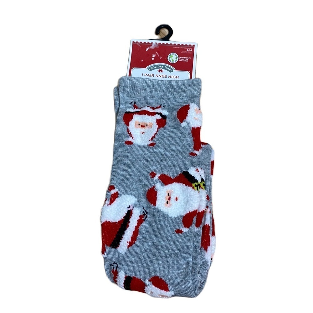 Holiday Time Santa Claus Gray Knee High Socks NEW 4-10 Red Christmas
